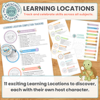 A promotional graphic for a preschool learning location tracking system, showing several printed worksheet pages laid out on a wood surface. The pages include sections for learning location completion tracking, character profiles, pattern menus, and learning locations.