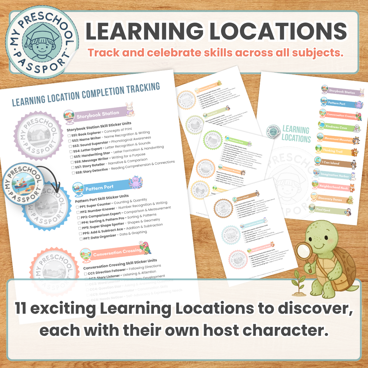 A promotional graphic for a preschool learning location tracking system, showing several printed worksheet pages laid out on a wood surface. The pages include sections for learning location completion tracking, character profiles, pattern menus, and learning locations.