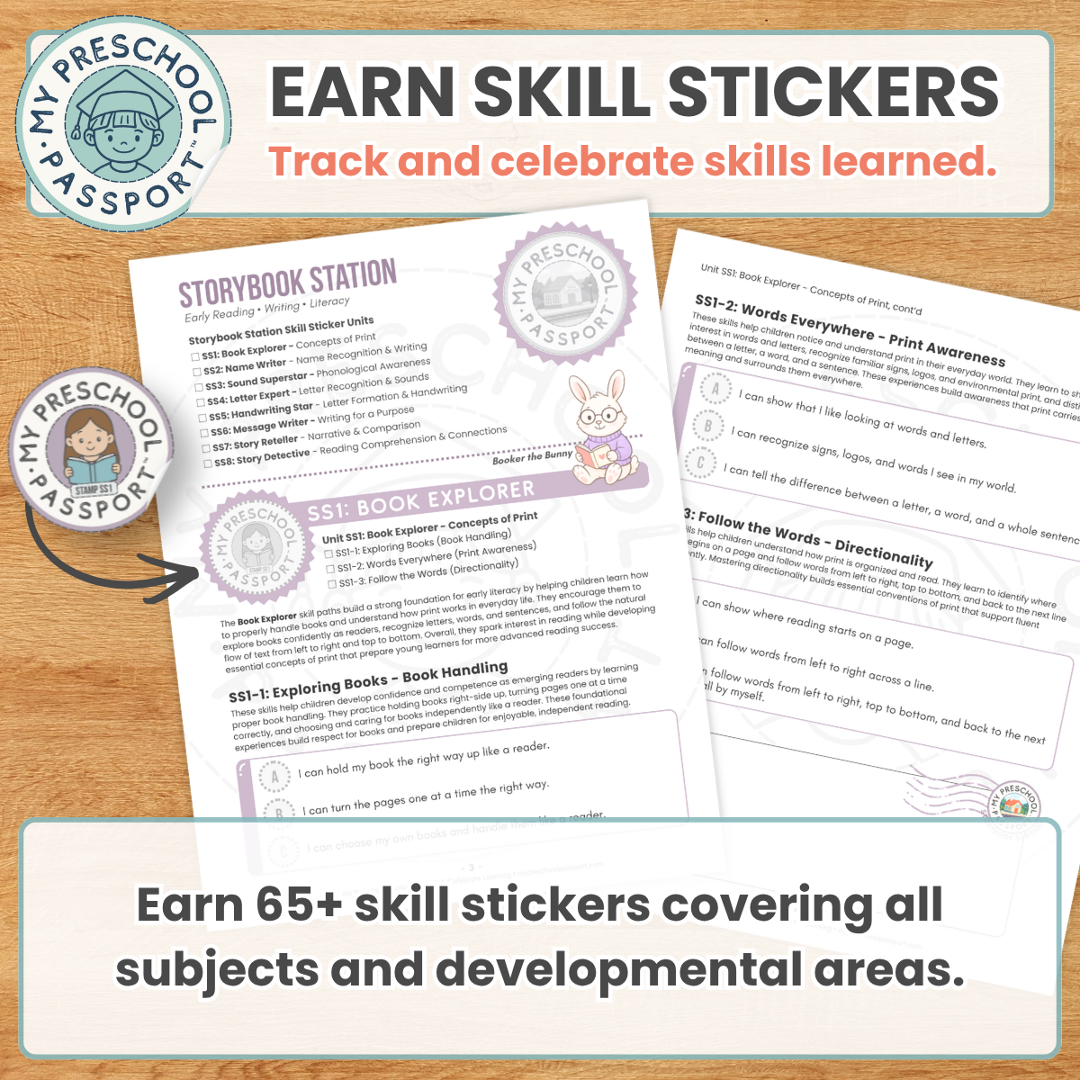 Preschool skill sticker bundle featuring printable educational worksheets for Storybook Station and SS1 Book Explorer, displayed on a light wood background with a 'My Preschool Passport' logo and promotional text.