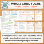 My Preschool Passport educational poster set displayed on a light wood background, featuring multiple colorful printable sheets and a circular logo badge. The top banner reads 'WHOLE CHILD FOCUS' with 'Heart • Mind • Body' underneath, and a bottom text box summarizes the curriculum coverage.