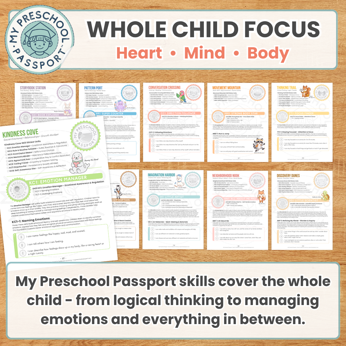 My Preschool Passport educational poster set displayed on a light wood background, featuring multiple colorful printable sheets and a circular logo badge. The top banner reads 'WHOLE CHILD FOCUS' with 'Heart • Mind • Body' underneath, and a bottom text box summarizes the curriculum coverage.