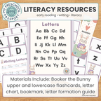 Literacy resources bundle preview featuring early reading and writing materials, including flashcards, a letter chart, and bookmarks themed around a bunny, shown on a wooden background with a title banner reading 'Literacy Resources'.