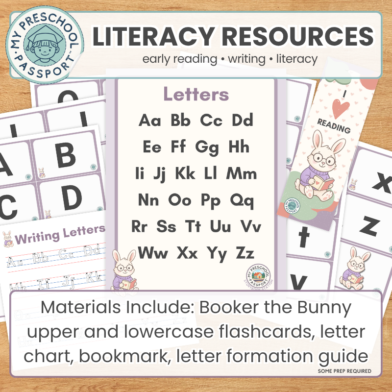 Literacy resources bundle preview featuring early reading and writing materials, including flashcards, a letter chart, and bookmarks themed around a bunny, shown on a wooden background with a title banner reading 'Literacy Resources'.