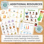 Preschool educational resource bundle cover showing various printable and physical materials including sequencing cards, an emotions chart, a feelings thermometer, character memory cards, and a weather chart on a wood-grain background. Text at the top reads 'ADDITIONAL RESOURCES' and the bottom text lists the included materials.