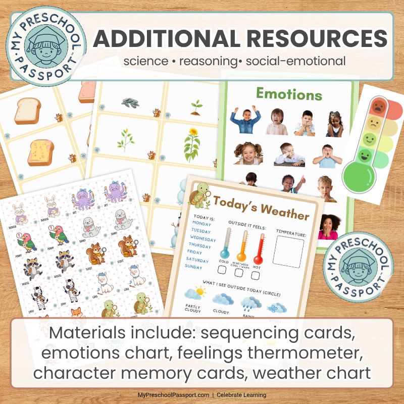 Preschool educational resource bundle cover showing various printable and physical materials including sequencing cards, an emotions chart, a feelings thermometer, character memory cards, and a weather chart on a wood-grain background. Text at the top reads 'ADDITIONAL RESOURCES' and the bottom text lists the included materials.