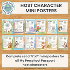 A set of 12 colorful 'Host Character Mini Posters' for 'My Preschool Passport' displayed on a light wood background. The posters feature different cartoon animal characters (such as Booker, Dot, Penny, Sunny, Rascal, Scout, Zippy, Luna, Finn, Pebble, and Pixel) with text fields for character name, skills, and interests.