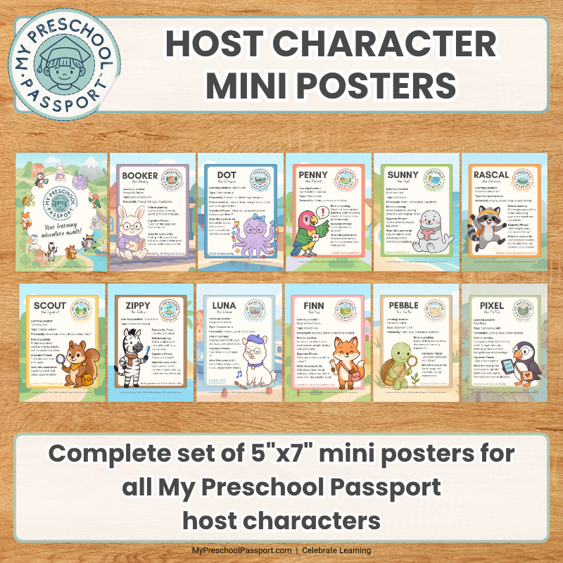 A set of 12 colorful 'Host Character Mini Posters' for 'My Preschool Passport' displayed on a light wood background. The posters feature different cartoon animal characters (such as Booker, Dot, Penny, Sunny, Rascal, Scout, Zippy, Luna, Finn, Pebble, and Pixel) with text fields for character name, skills, and interests.