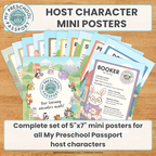 A set of colorful mini educational posters for 'Host Character Mini Posters' from My Preschool Passport, displayed on a light wood background with promotional text overlays.
