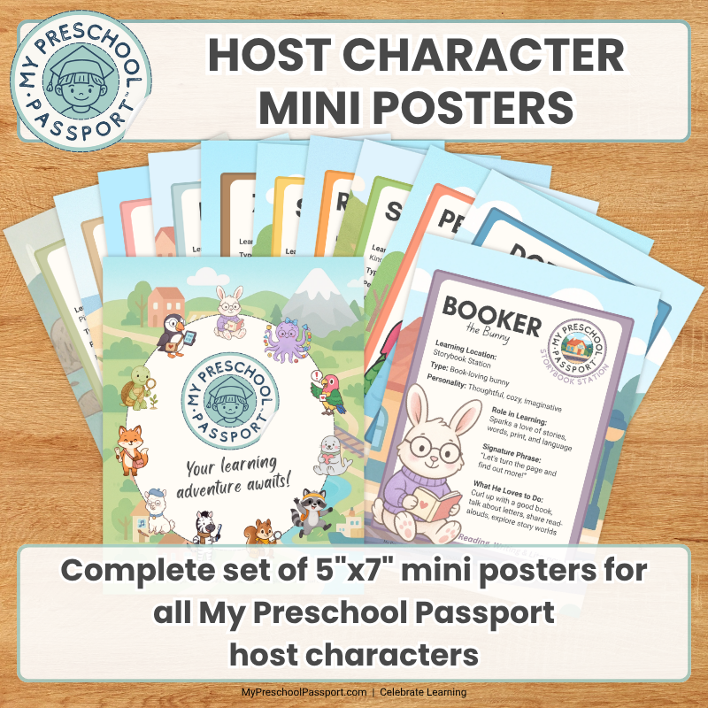 A set of colorful mini educational posters for 'Host Character Mini Posters' from My Preschool Passport, displayed on a light wood background with promotional text overlays.