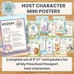 A set of colorful mini character posters for My Preschool Passport host characters, displayed on a light wood background with promotional text overlays.