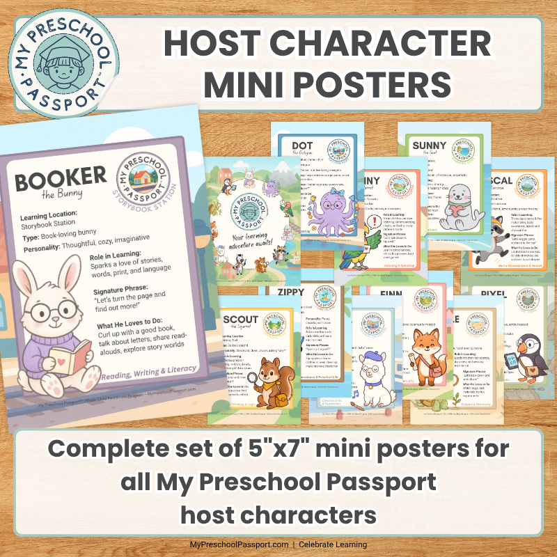 A set of colorful mini character posters for My Preschool Passport host characters, displayed on a light wood background with promotional text overlays.