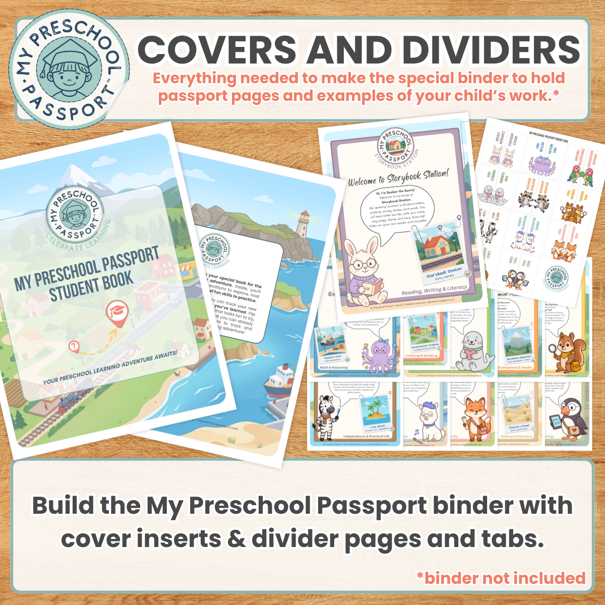 A collage-style product graphic for the My Preschool Passport binder set, showing the student book cover, sample divider pages, sticker sheets, and booklet inserts arranged on a wood background with promotional text.