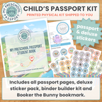 My Preschool Passport Child's Passport Kit promotional graphic showing the student book, sticker sheets, and included components on a wood background with text describing what is included.