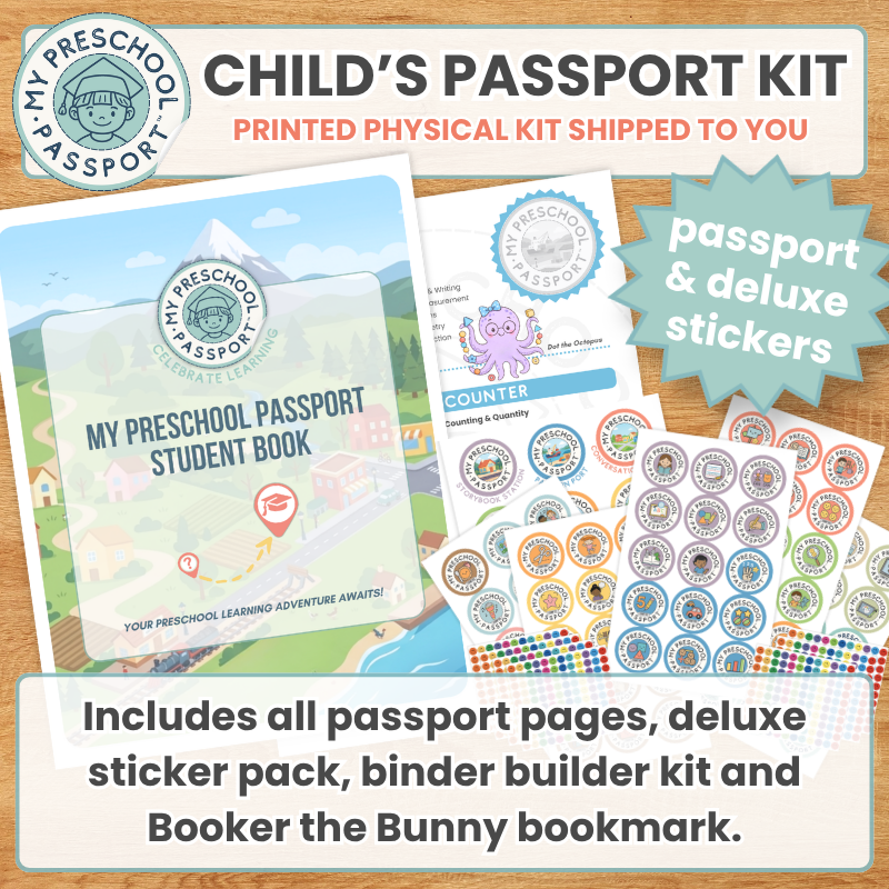 My Preschool Passport Child's Passport Kit promotional graphic showing the student book, sticker sheets, and included components on a wood background with text describing what is included.