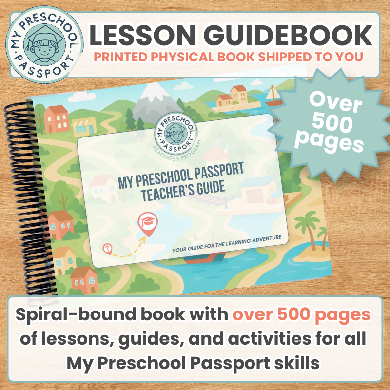 My Preschool Passport Lesson Guidebook shown on a wood surface, with a spiral binding and a colorful illustrated cover. Text on the image highlights that this is a printed physical book shipped to you, with over 500 pages, and describes it as a spiral-bound book for learning guides and activities.