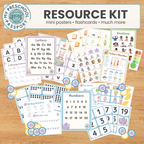 A preschool educational resource kit displayed on a light wood background, featuring mini posters, flashcards, writing practice sheets, number cards, and emotion cards. The top of the image has a title banner reading 'RESOURCE KIT' with 'mini posters • flashcards • much more' underneath.