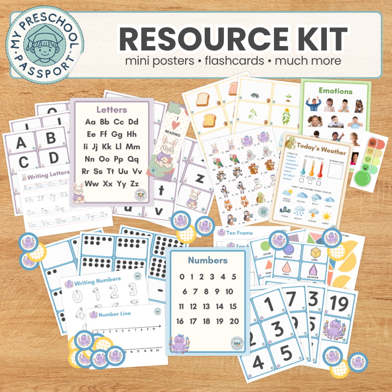 A preschool educational resource kit displayed on a light wood background, featuring mini posters, flashcards, writing practice sheets, number cards, and emotion cards. The top of the image has a title banner reading 'RESOURCE KIT' with 'mini posters • flashcards • much more' underneath.