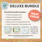 Promotional graphic for a My Preschool Passport 'Deluxe Bundle' showing a list of included physical products on a light cream card with a wood-grain background and confetti accents.