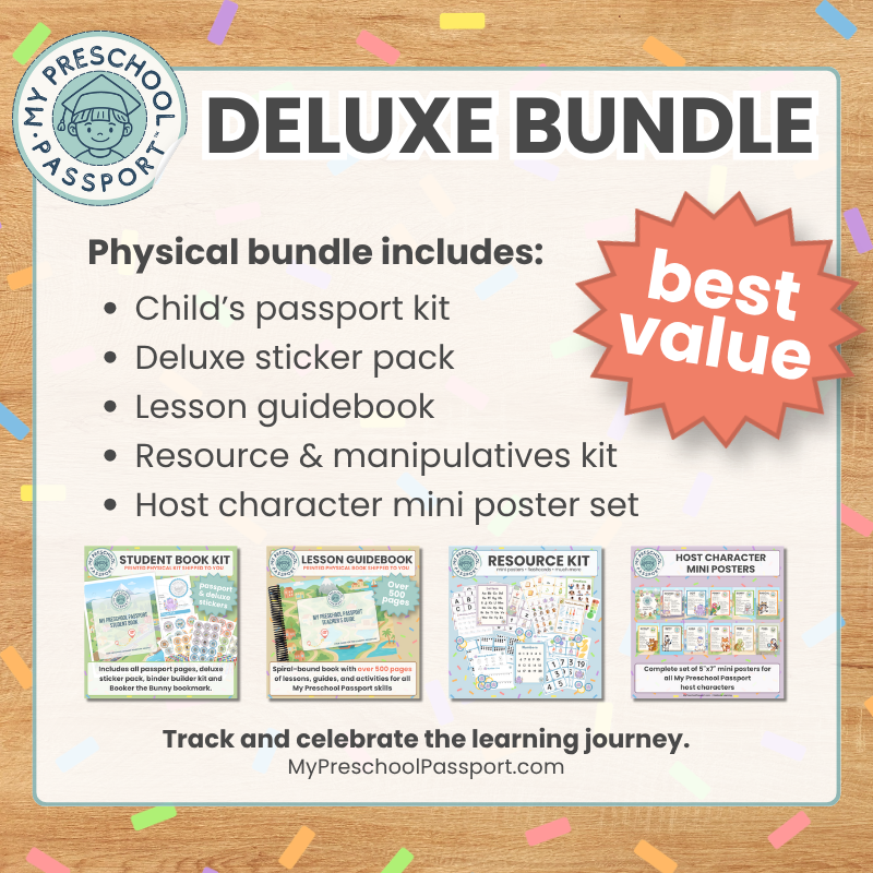 Promotional graphic for a My Preschool Passport 'Deluxe Bundle' showing a list of included physical products on a light cream card with a wood-grain background and confetti accents.