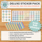 Promotional graphic for the My Preschool Passport Deluxe Sticker Pack, showing sample sticker sheets and packs of colorful round skill stickers on a wood background, with text stating over 540 stickers.