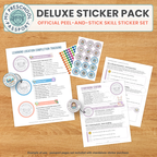 A promotional layout for a 'Deluxe Sticker Pack' from My Preschool Passport, showing several printed worksheet pages and sticker sheets arranged on a wood surface. The image includes the product title, sample circular stickers, and a note that example usage pages are not included with the standalone sticker purchase.