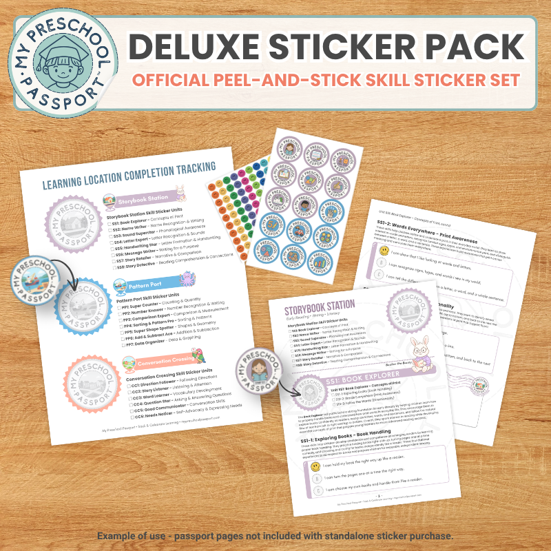 A promotional layout for a 'Deluxe Sticker Pack' from My Preschool Passport, showing several printed worksheet pages and sticker sheets arranged on a wood surface. The image includes the product title, sample circular stickers, and a note that example usage pages are not included with the standalone sticker purchase.