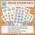 Promotional graphic for a My Preschool Passport Deluxe Sticker Pack, showing multiple sheets of colorful round skill stickers fanned out on a wood background with confetti. Text highlights that this is an official peel-and-stick skill sticker set for My Preschool Passport, with a list of features at the bottom.