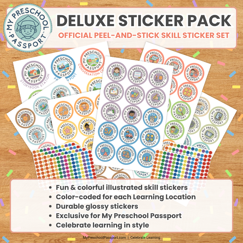 Promotional graphic for a My Preschool Passport Deluxe Sticker Pack, showing multiple sheets of colorful round skill stickers fanned out on a wood background with confetti. Text highlights that this is an official peel-and-stick skill sticker set for My Preschool Passport, with a list of features at the bottom.