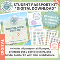 Digital download product preview for a 'Student Passport Kit' featuring a mock 'My Preschool Passport Student Book', sample printable pages, and sticker sheets, with text noting digital download and printable stickers.