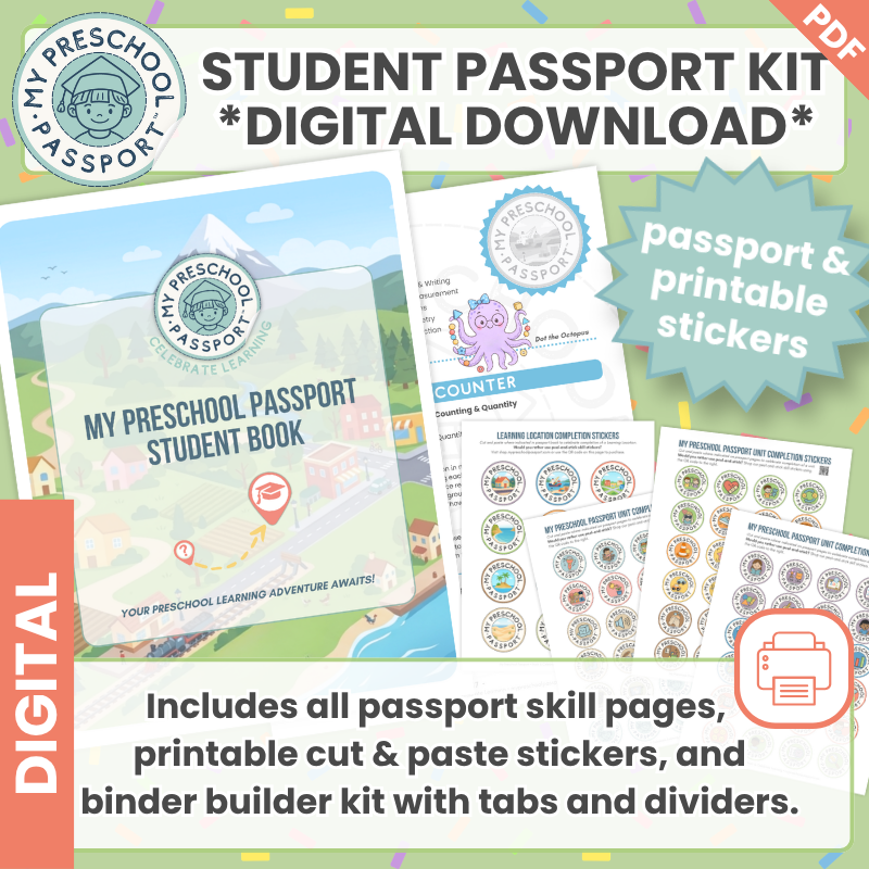 Digital download product preview for a 'Student Passport Kit' featuring a mock 'My Preschool Passport Student Book', sample printable pages, and sticker sheets, with text noting digital download and printable stickers.