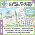 Product graphic for a 'Student Book Kit' from 'My Preschool Passport', showing the cover of the physical student book, sample pages, a sticker pack, and a binder clip on a light green background with confetti.