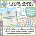 Product graphic for a 'Student Book Kit' from 'My Preschool Passport', showing the cover of the physical student book, sample pages, a sticker pack, and a binder clip on a light green background with confetti.