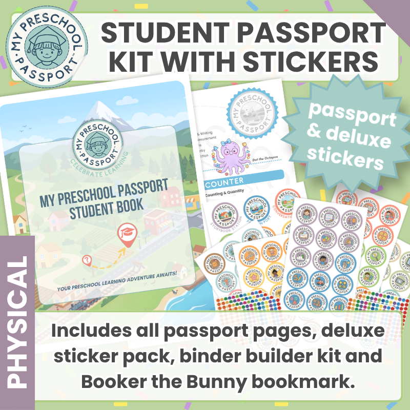 Product graphic for a 'Student Book Kit' from 'My Preschool Passport', showing the cover of the physical student book, sample pages, a sticker pack, and a binder clip on a light green background with confetti.