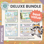Promotional graphic for a My Preschool Passport Deluxe Bundle, showing included items: a Student Book Kit, Lesson Guidebook, Resource Kit, Host Character Mini Posters. The layout has a white central panel with colorful confetti, a wood-textured border, and a cartoon raccoon.