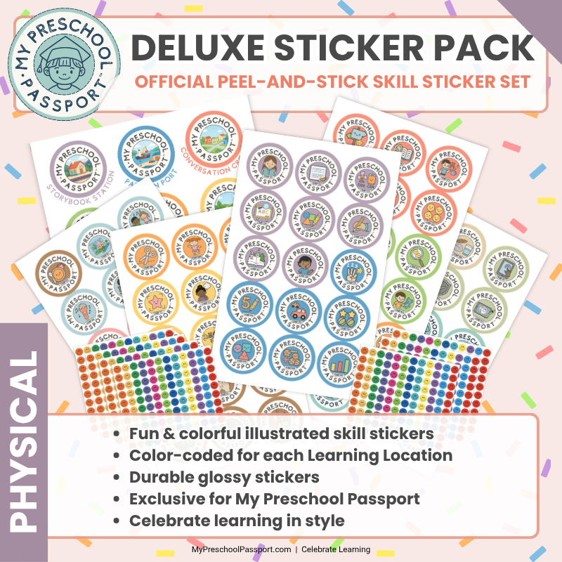 Promotional graphic for a My Preschool Passport Deluxe Sticker Pack, showing multiple sheets of round illustrated skill stickers and several sheets of colorful dot stickers on a light pink confetti background. Text reads 'DELUXE STICKER PACK' and lists product features.