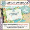 My Preschool Passport Lesson Guidebook cover shown as a spiral-bound printed physical book on a beige background with promotional text and a blue starburst reading 'Over 500 pages'.