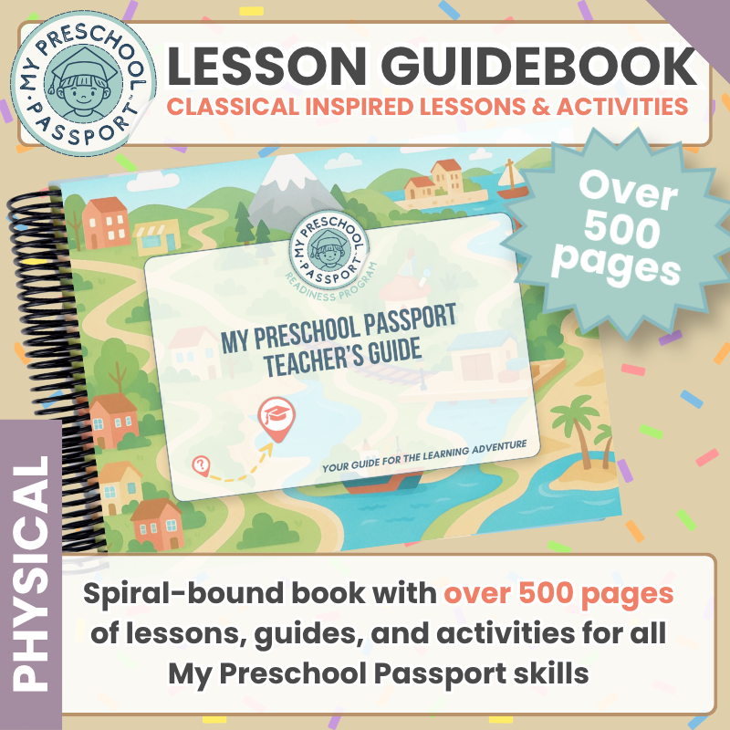 My Preschool Passport Lesson Guidebook cover shown as a spiral-bound printed physical book on a beige background with promotional text and a blue starburst reading 'Over 500 pages'.