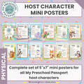 A promotional graphic for a set of  animal-themed mini character posters for 'My Preschool Passport' host characters. The posters are shown in a 2x5 grid with colorful borders and character illustrations, set against a light purple background with confetti and a white banner at the bottom.