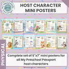 A promotional graphic for a set of  animal-themed mini character posters for 'My Preschool Passport' host characters. The posters are shown in a 2x5 grid with colorful borders and character illustrations, set against a light purple background with confetti and a white banner at the bottom.