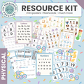 A colorful educational resource kit collage on a light blue background with confetti. The kit includes mini posters, flashcards, writing practice sheets, number cards, emotion cards, and other printable educational materials.