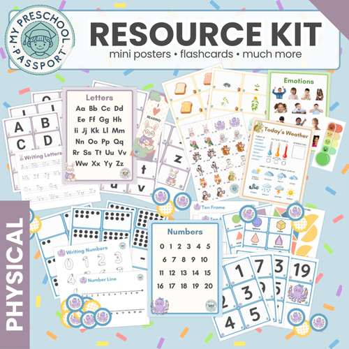 A colorful educational resource kit collage on a light blue background with confetti. The kit includes mini posters, flashcards, writing practice sheets, number cards, emotion cards, and other printable educational materials.