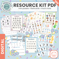 A digital preview collage for a preschool learning resource kit PDF, showing sample pages for letters, numbers, writing numbers, emotions, and today's weather with colorful confetti and the text 'RESOURCE KIT PDF' and 'MY PRESCHOOL PASSPORT'.