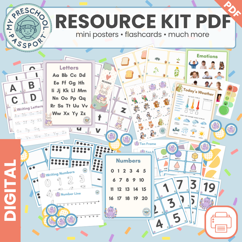 A digital preview collage for a preschool learning resource kit PDF, showing sample pages for letters, numbers, writing numbers, emotions, and today's weather with colorful confetti and the text 'RESOURCE KIT PDF' and 'MY PRESCHOOL PASSPORT'.