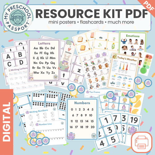 A digital preview collage for a preschool learning resource kit PDF, showing sample pages for letters, numbers, writing numbers, emotions, and today's weather with colorful confetti and the text 'RESOURCE KIT PDF' and 'MY PRESCHOOL PASSPORT'.